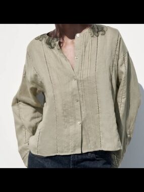 Zara  Olive Green Button-Up Linen Blouse